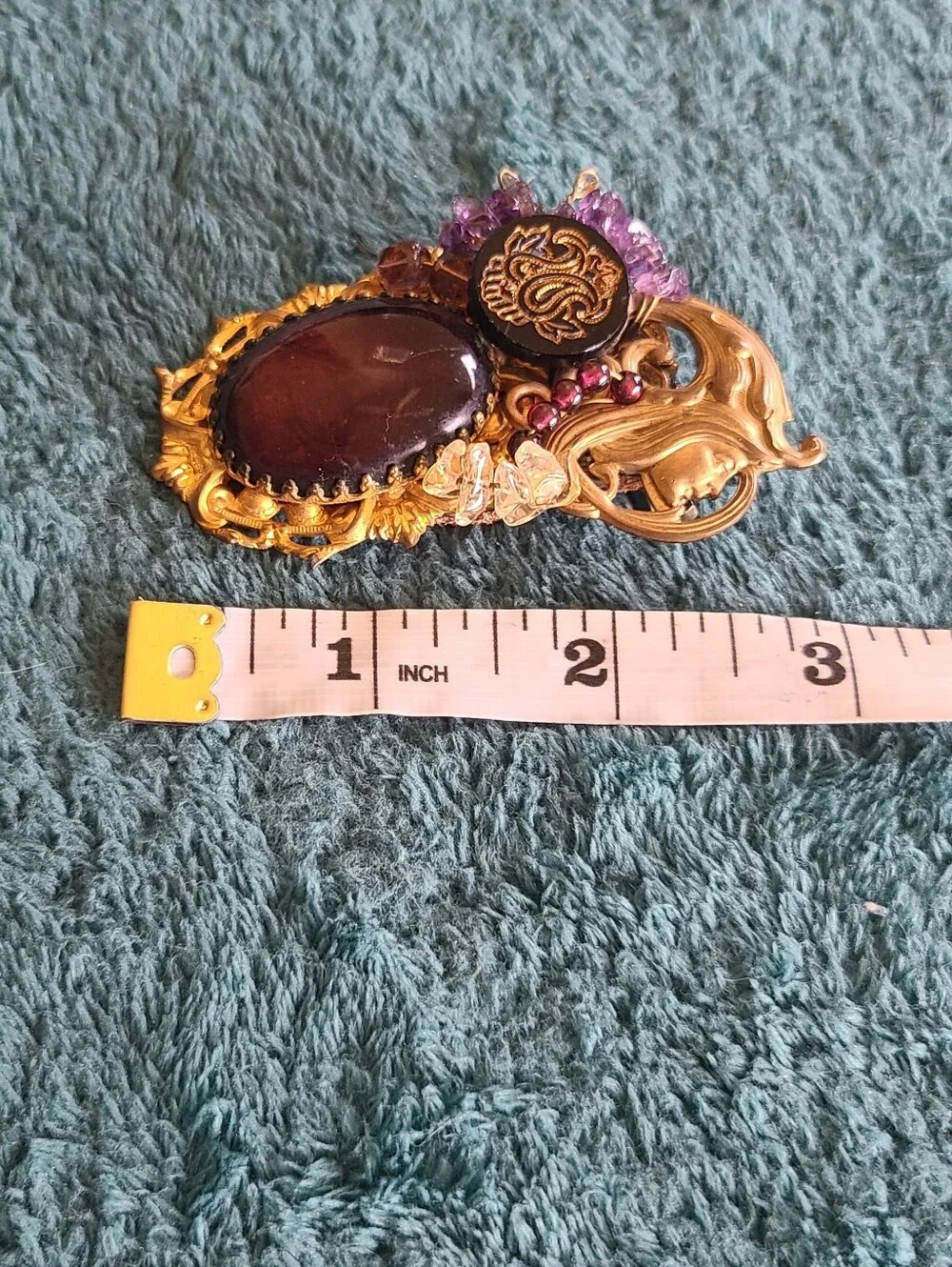Hand Crafted Gold-Tone Brooch with Deep Purple Cabochon and Amethyst Chips